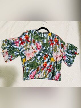 Zara Woman Blue & White Striped Tropical Floral Top